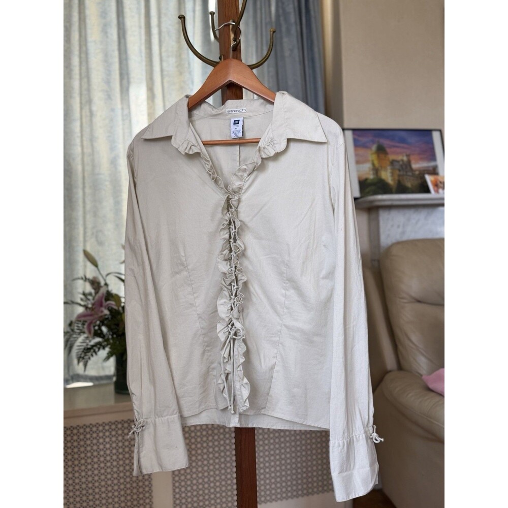 GAP Women's XL Regular Beige Solid Collared Stretch Ruffle Button Blouse